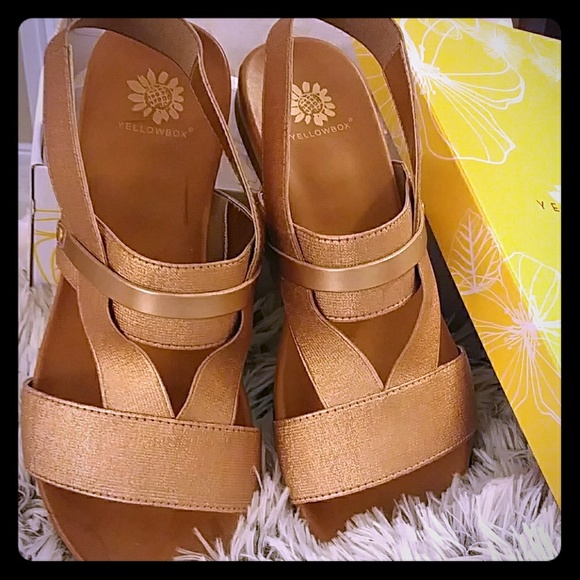 yellow box rose gold flip flops